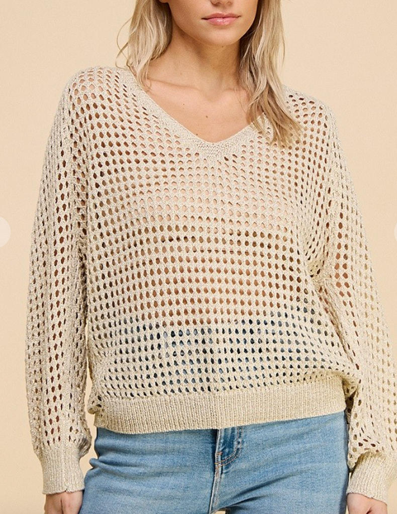 Open Weave Gold Foil Knit Sweater-Long Sleeve Tops-allie Rose-The Silo Boutique, Women's Fashion Boutique Located in Warren and Grand Forks North Dakota