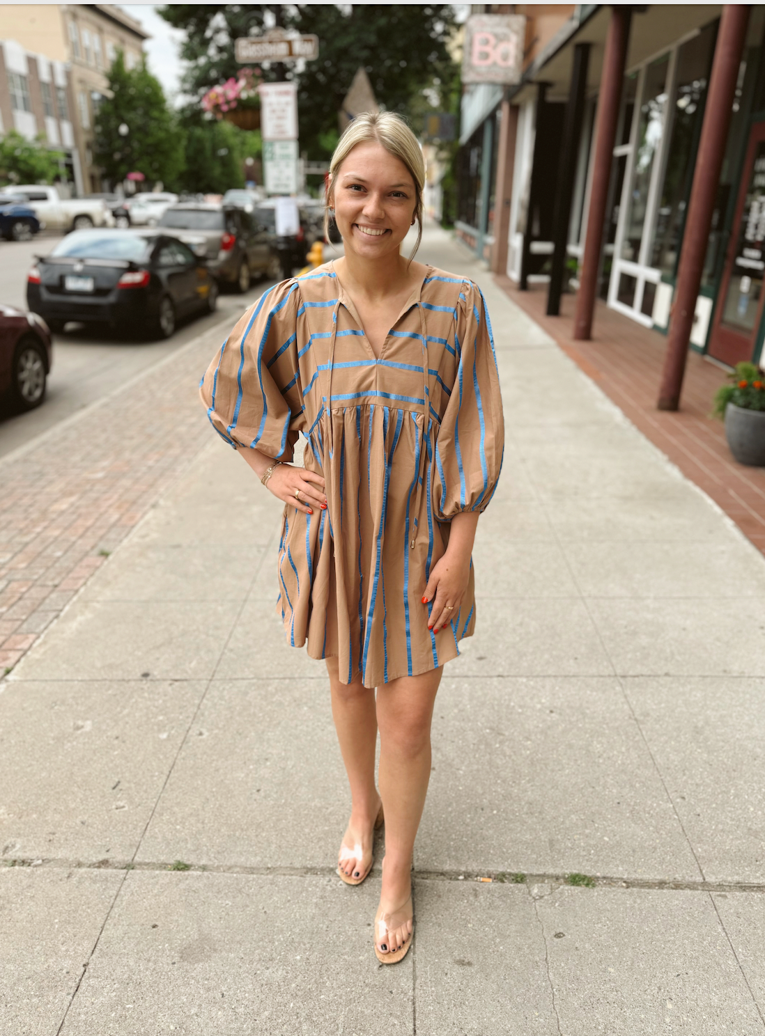 Mocha and Blue Striped Dress-Dresses-ENTRO-The Silo Boutique, Women's Fashion Boutique Located in Warren and Grand Forks North Dakota