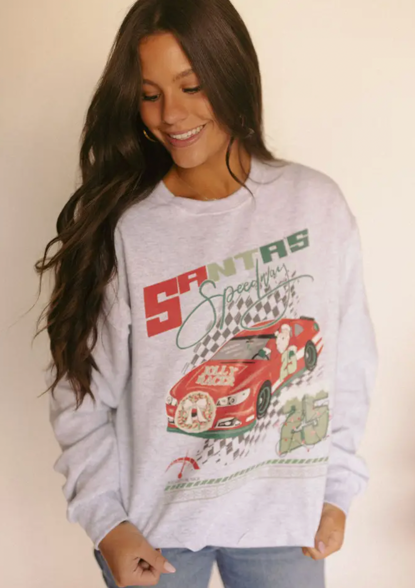 Santa's Speedway Sweatshirt-Final Sale-Sweatshirts-whitney-The Silo Boutique, Women's Fashion Boutique Located in Warren and Grand Forks North Dakota