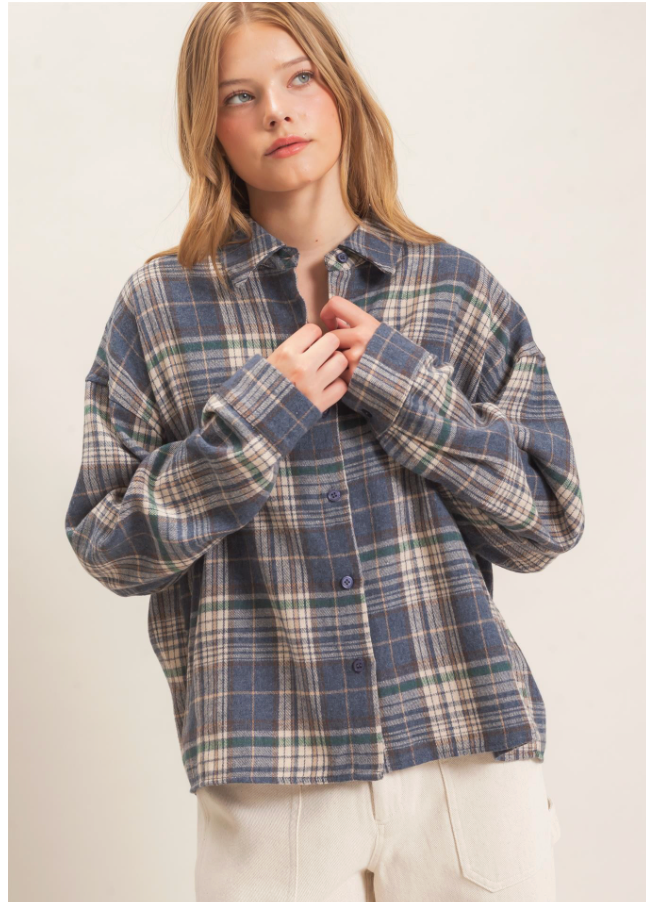 Bobbi Plaid Flannel-Blue-Long Sleeve Tops-The Silo Boutique-The Silo Boutique, Women's Fashion Boutique Located in Warren and Grand Forks North Dakota