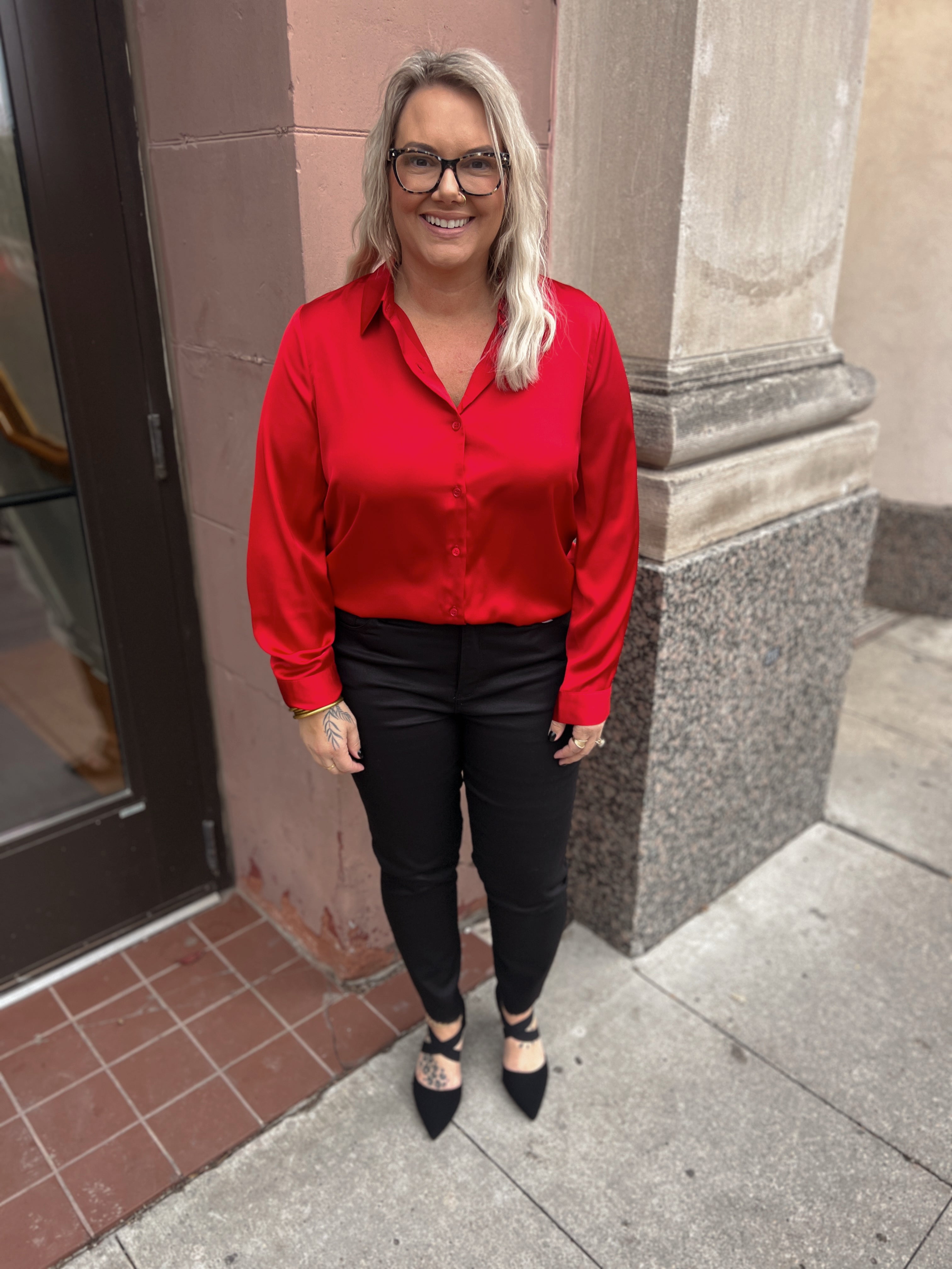 Ruby Red Satin Button Down Top-Long Sleeve Tops-skies are blue-The Silo Boutique, Women's Fashion Boutique Located in Warren and Grand Forks North Dakota