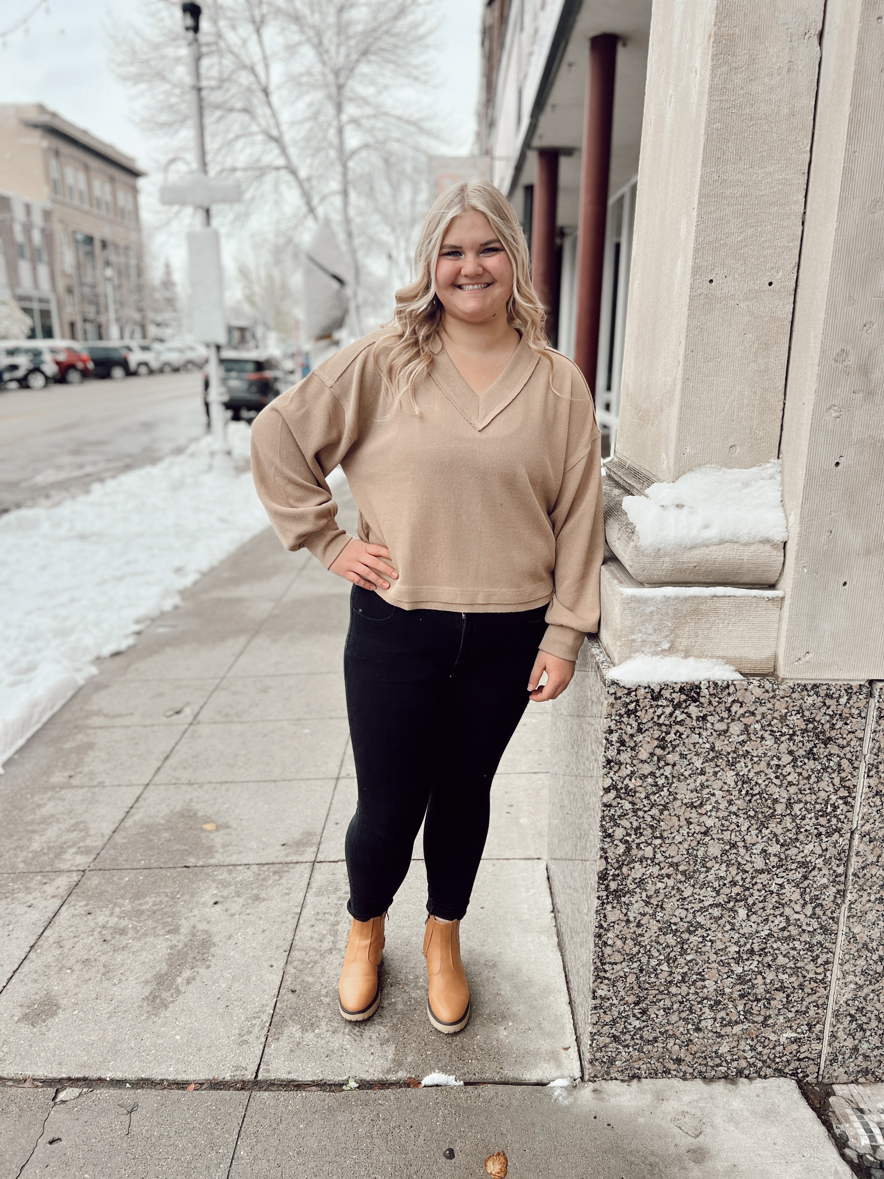 Lovey V Neck Waffle Top-Final Sale Online Only-clothing-Long Sleeve Tops-The Silo Boutique, Women's Fashion Boutique Located in Warren and Grand Forks North Dakota