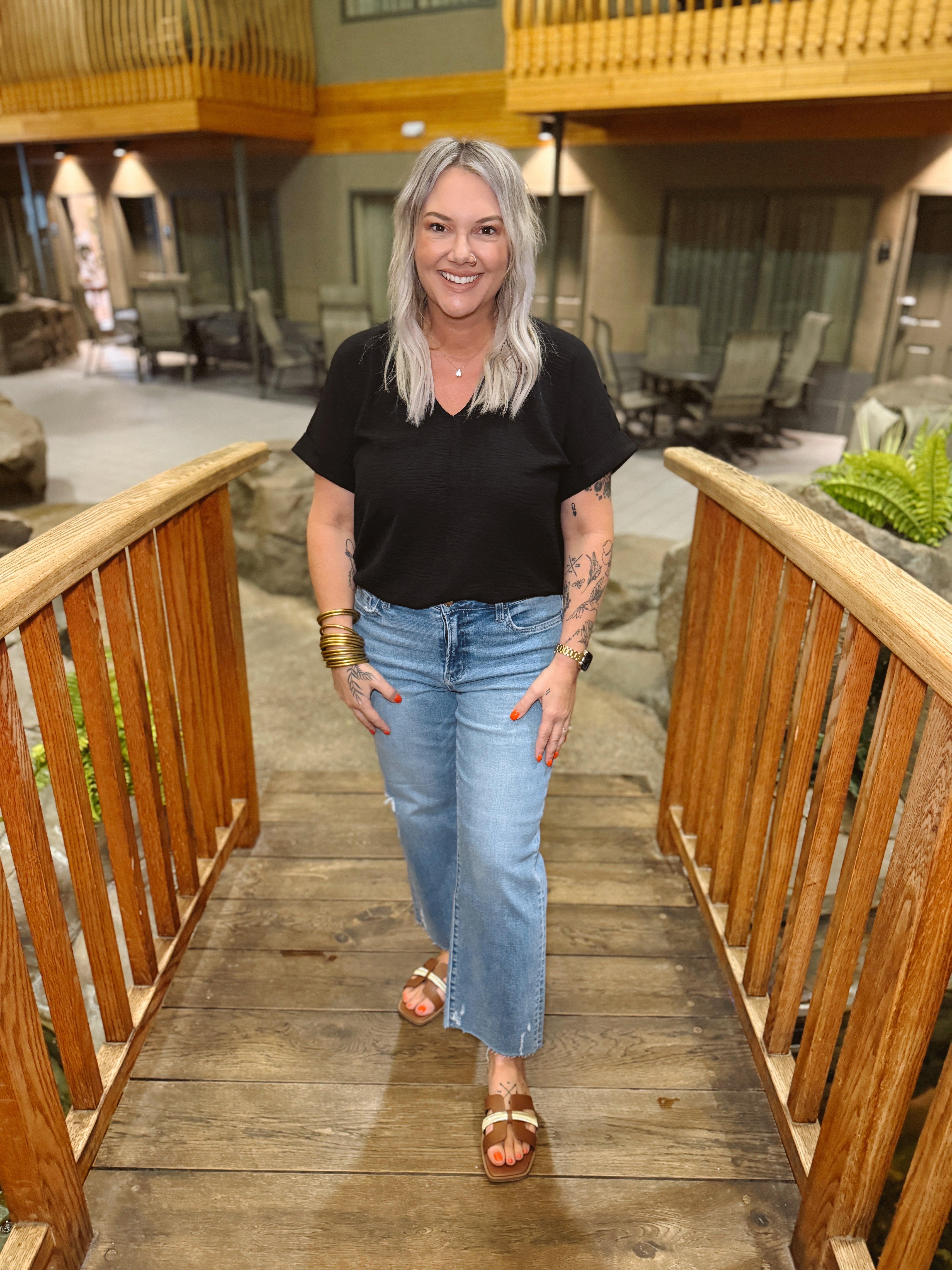 V Neck Roll Up Sleeve Crinkle Top-Black-Short Sleeve Tops-staccato-The Silo Boutique, Women's Fashion Boutique Located in Warren and Grand Forks North Dakota