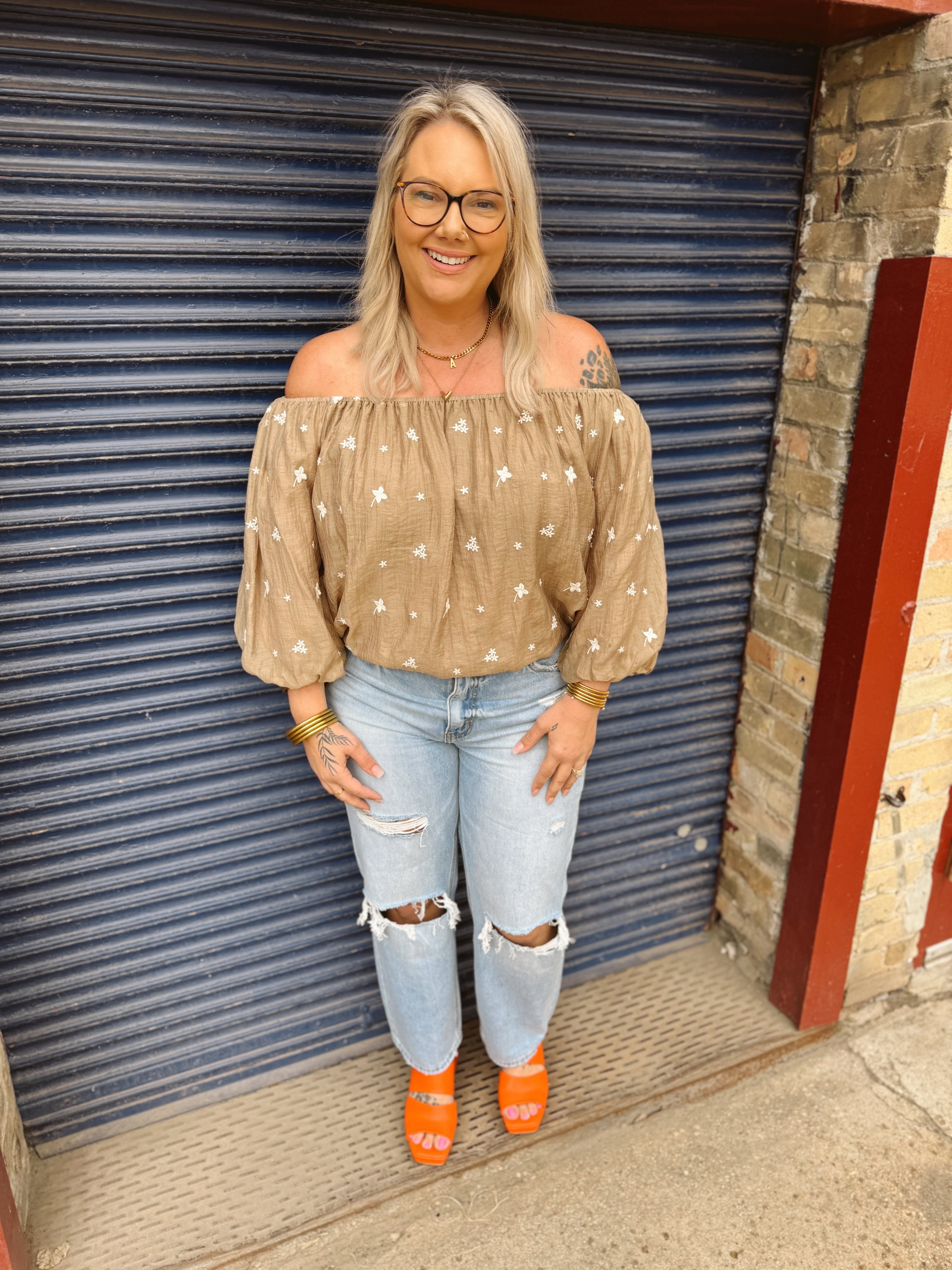 Floral Crepe Off the Shoulder Top-Short Sleeve Tops-easel-The Silo Boutique, Women's Fashion Boutique Located in Warren and Grand Forks North Dakota