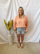 Knit V Neck Sweater Top-Apricot-Sweaters-eesome-The Silo Boutique, Women's Fashion Boutique Located in Warren and Grand Forks North Dakota