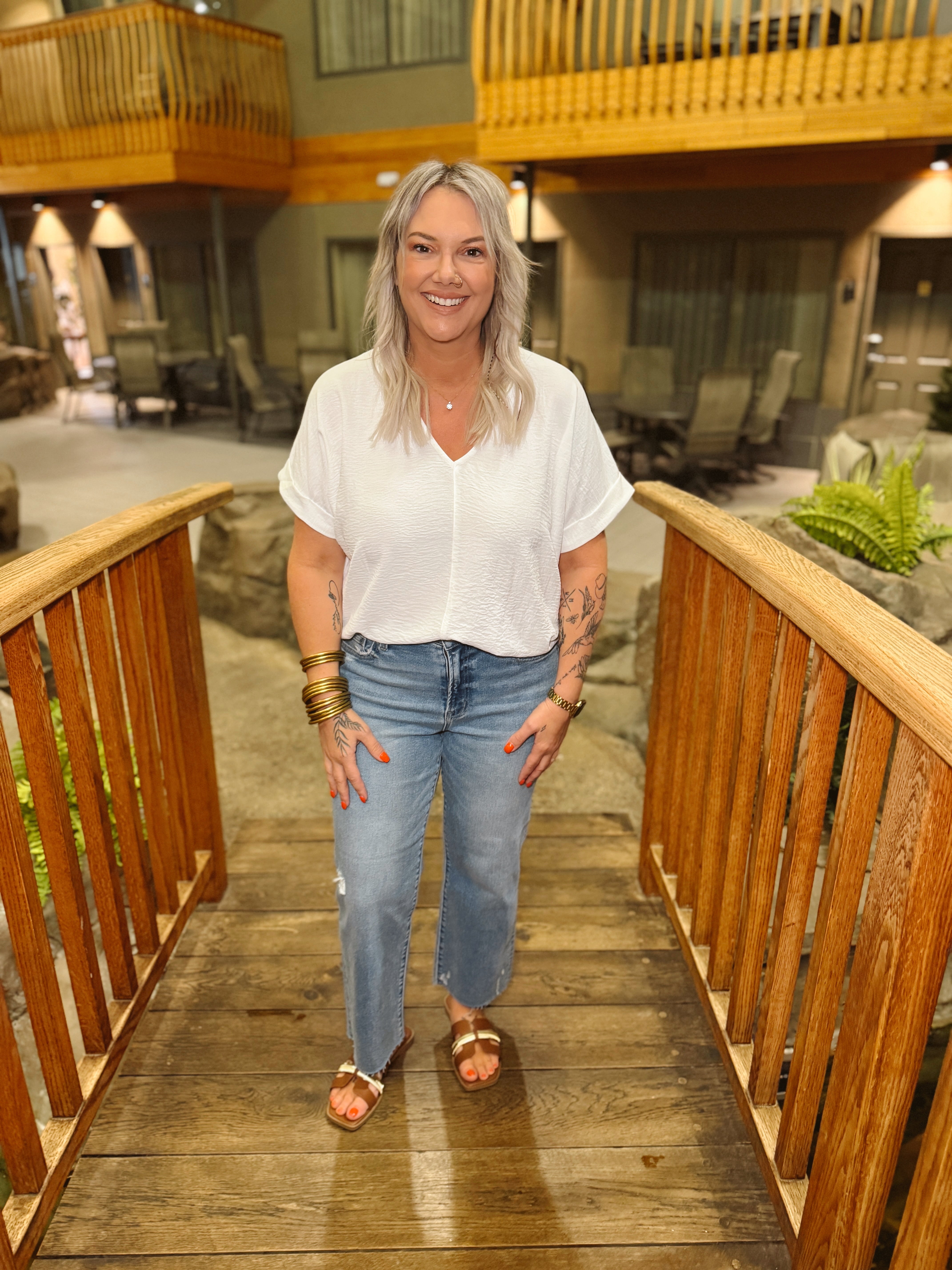 V Neck Roll Up Sleeve Crinkle Top-White-Short Sleeve Tops-staccato-The Silo Boutique, Women's Fashion Boutique Located in Warren and Grand Forks North Dakota