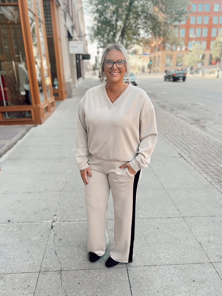 Before You Taupe Scuba V Neck Pullover-sweater-before you-The Silo Boutique, Women's Fashion Boutique Located in Warren and Grand Forks North Dakota
