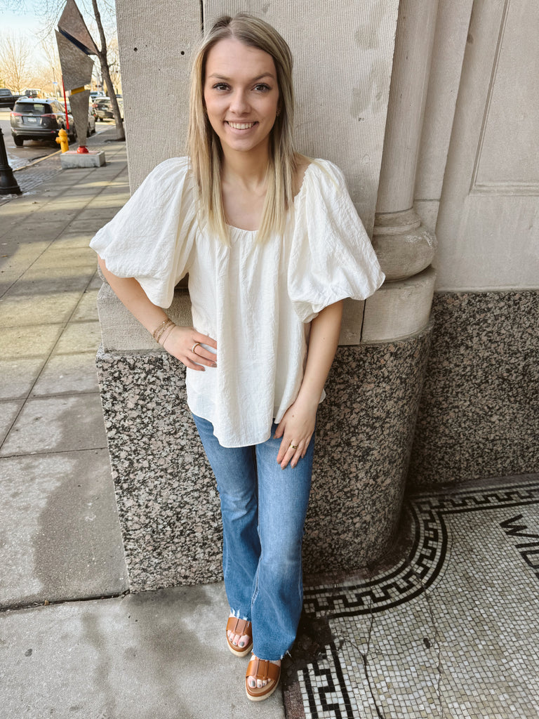 Off White Bubble Sleeve Top-Short Sleeve Tops-eesome-The Silo Boutique, Women's Fashion Boutique Located in Warren and Grand Forks North Dakota