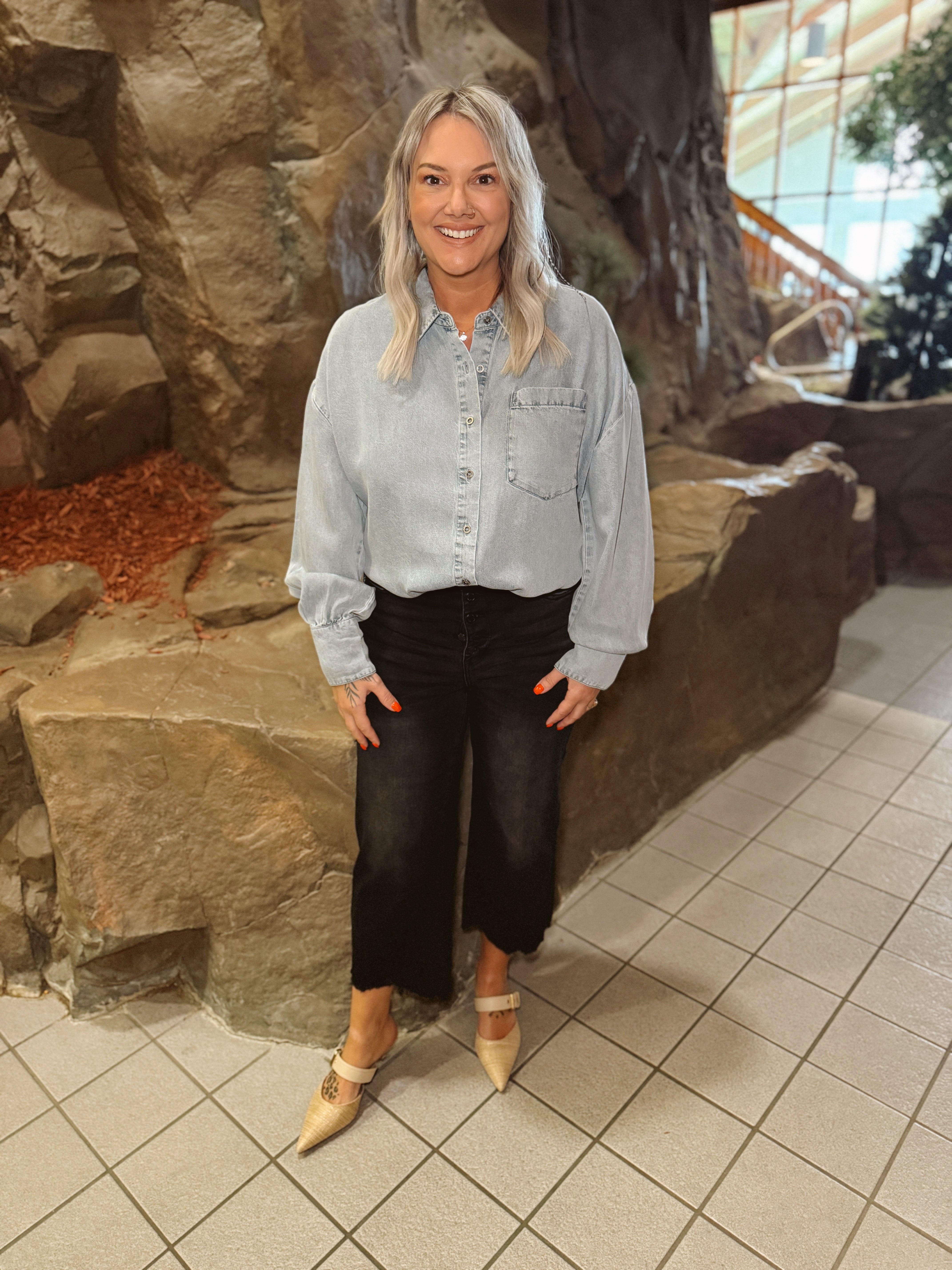 Tencel Oversized Denim Top-Long Sleeve Tops-mystree-The Silo Boutique, Women's Fashion Boutique Located in Warren and Grand Forks North Dakota