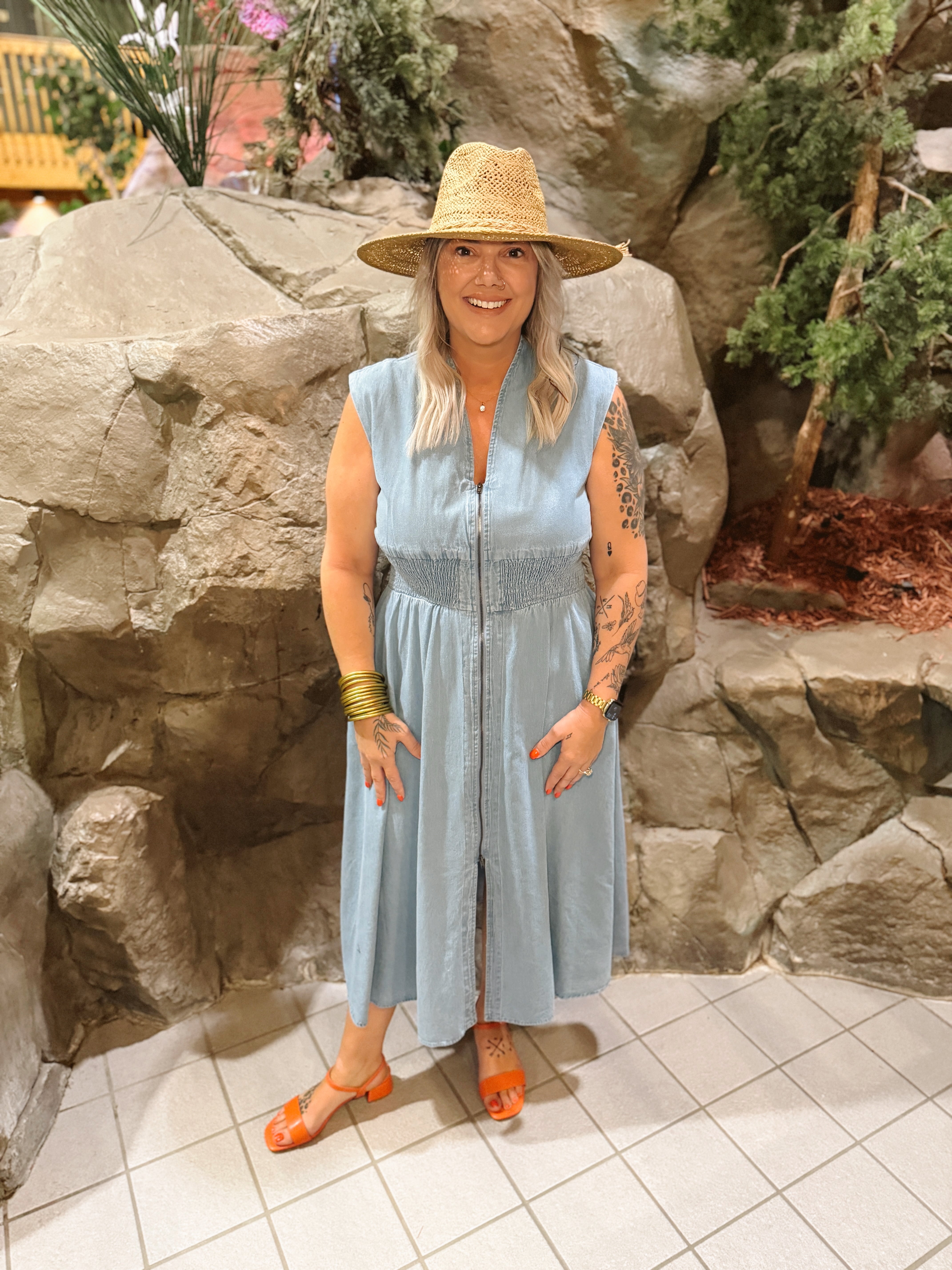 Denim V Neck Zip Up Dress-Dresses-entro-The Silo Boutique, Women's Fashion Boutique Located in Warren and Grand Forks North Dakota