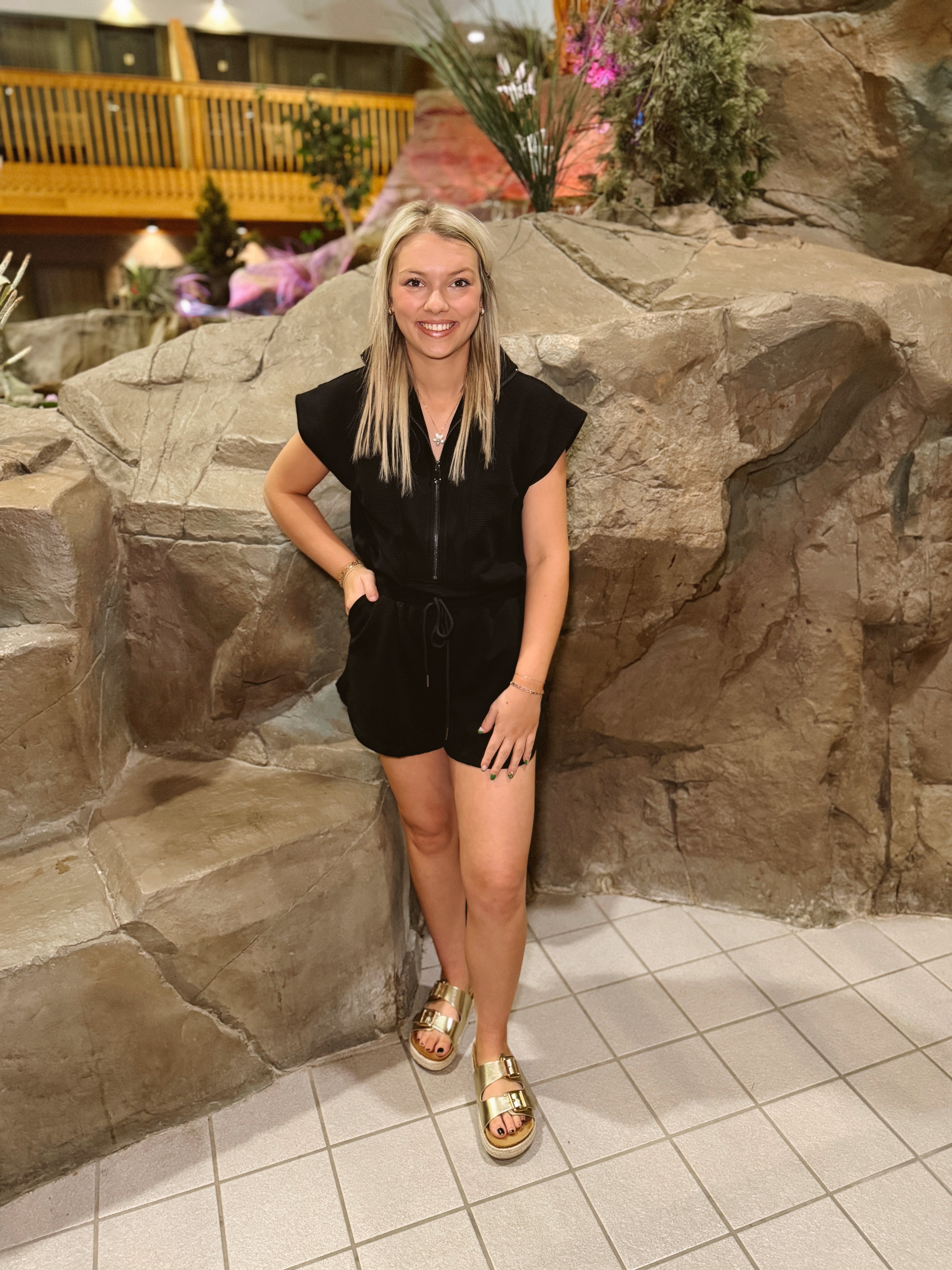 Black Romper with Collar Quarter Zip-Jumpsuits & Rompers-entro-The Silo Boutique, Women's Fashion Boutique Located in Warren and Grand Forks North Dakota