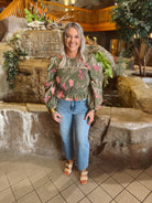 Olive Floral Smocked Puff Top-Long Sleeve Tops-listicle-The Silo Boutique, Women's Fashion Boutique Located in Warren and Grand Forks North Dakota