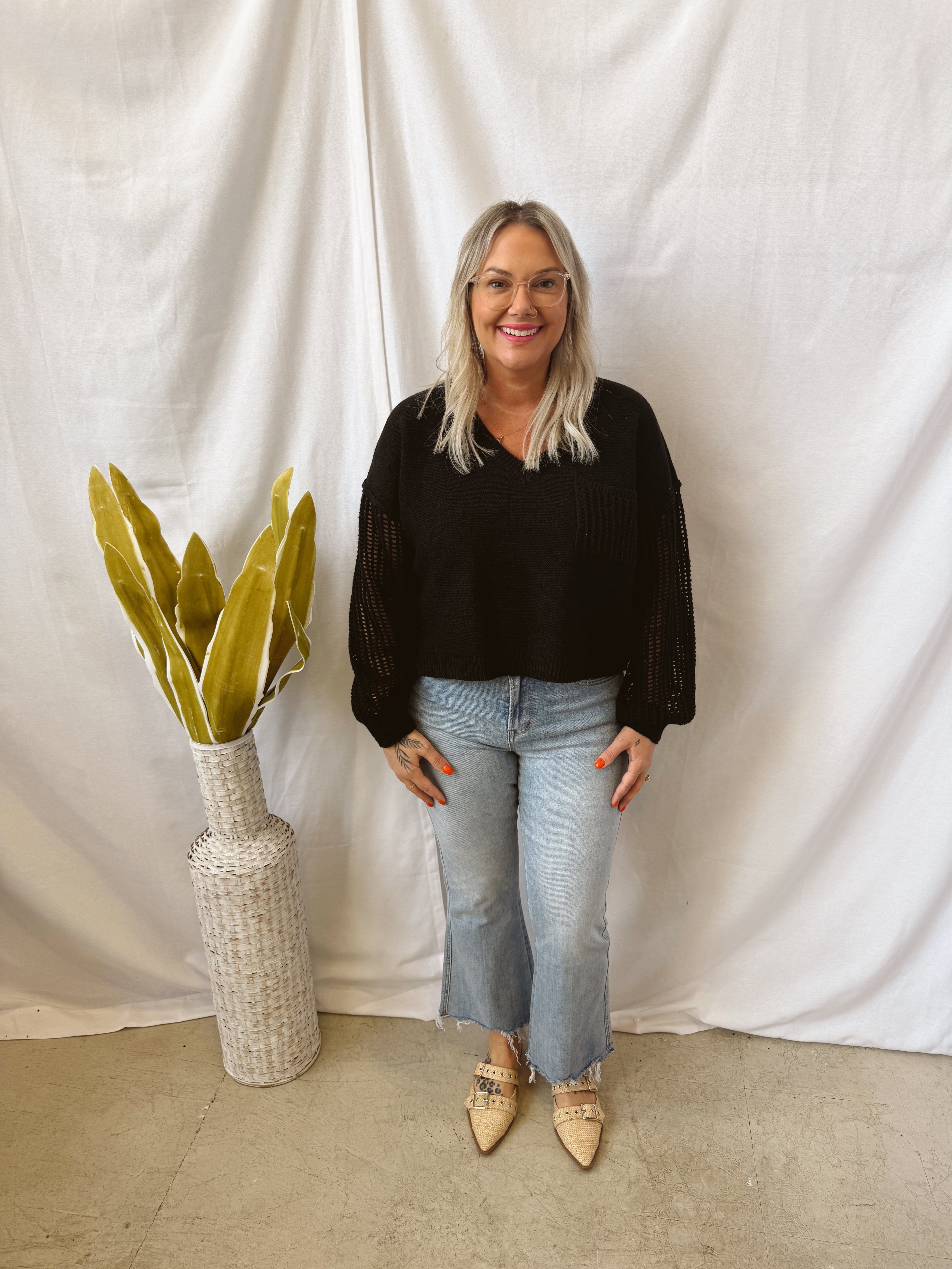 Knit V Neck Sweater Top-Black-Sweaters-eesome-The Silo Boutique, Women's Fashion Boutique Located in Warren and Grand Forks North Dakota