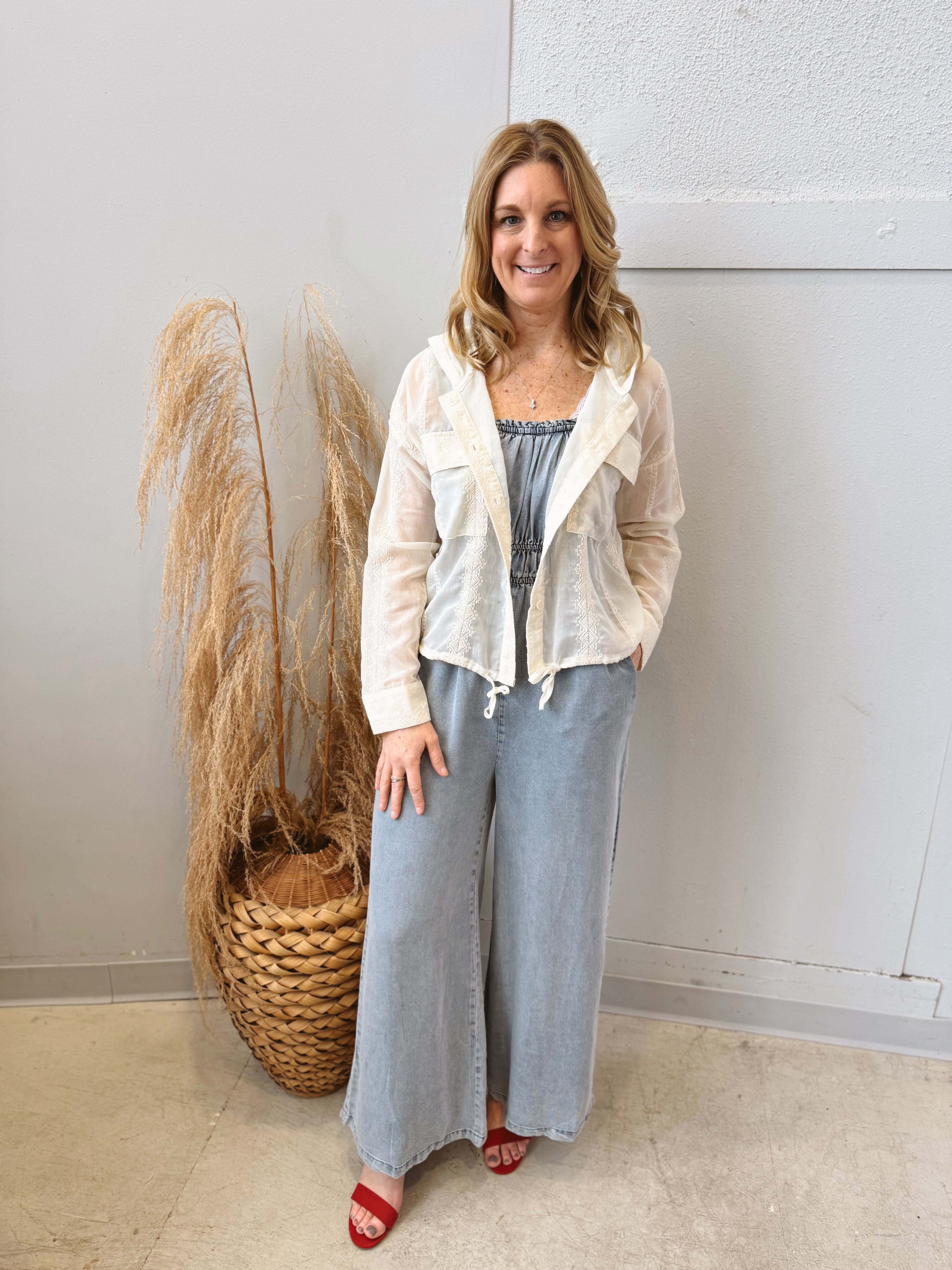 Ivory Eyelet Sheer Jacket-Cardigans-mystree-The Silo Boutique, Women's Fashion Boutique Located in Warren and Grand Forks North Dakota