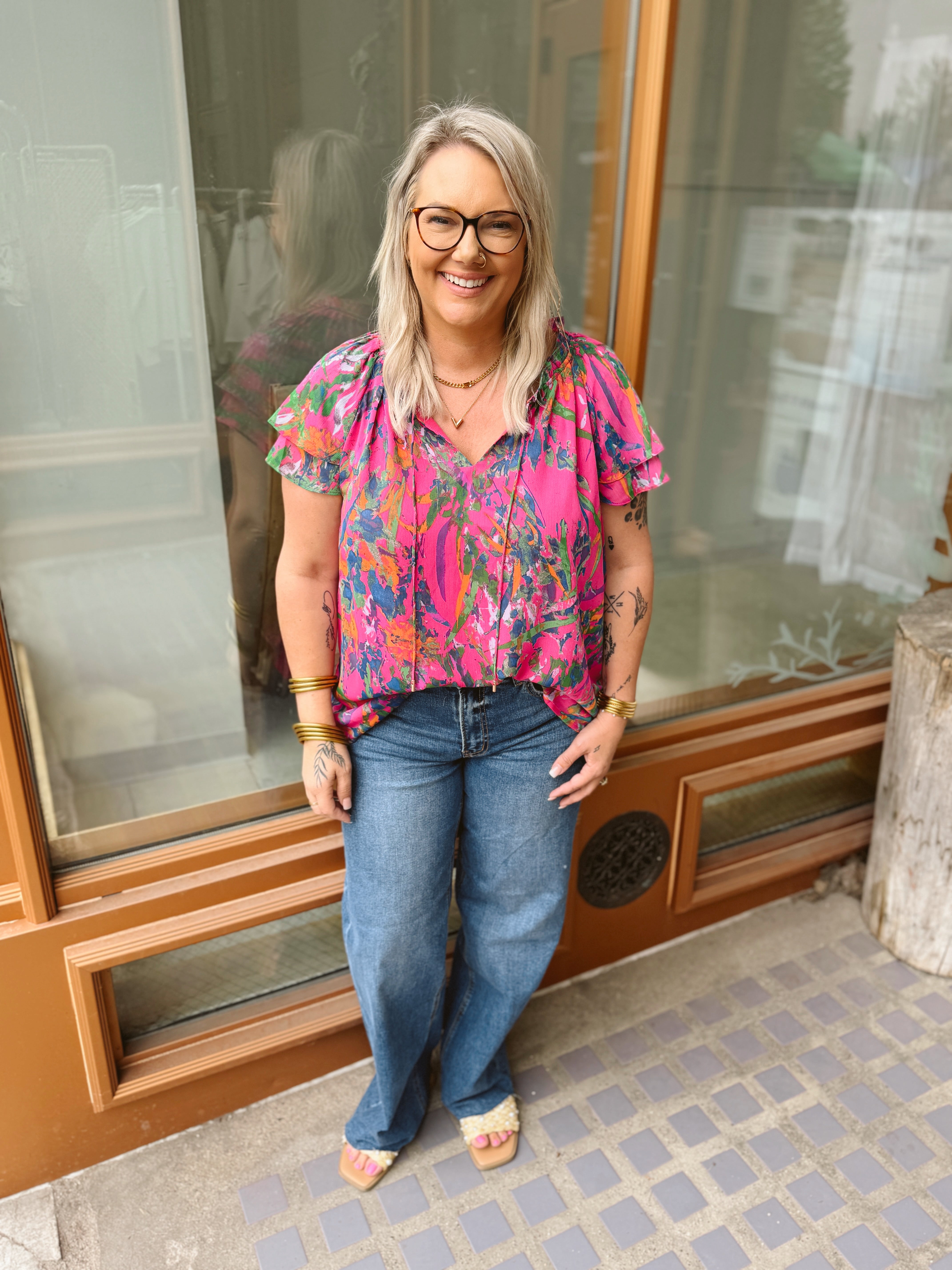 Magenta Multi Print Top-Short Sleeve Tops-skies are blue-The Silo Boutique, Women's Fashion Boutique Located in Warren and Grand Forks North Dakota