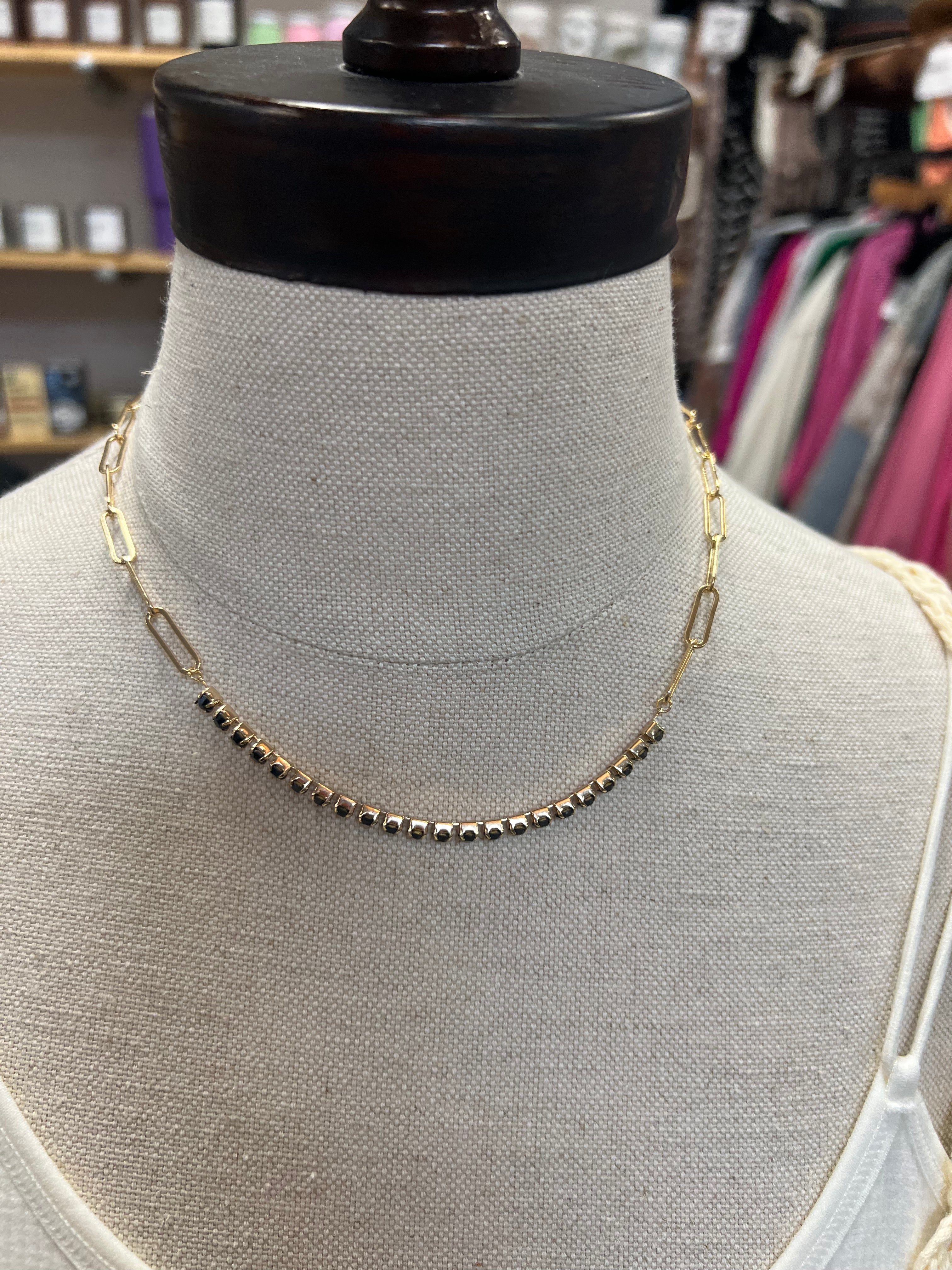 Black and Rhinestone Gold Chain Necklace-Necklaces-wild junkie-The Silo Boutique, Women's Fashion Boutique Located in Warren and Grand Forks North Dakota