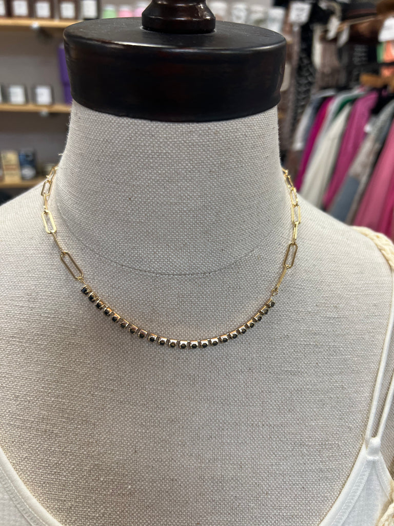 Black and Rhinestone Gold Chain Necklace-Necklaces-wild junkie-The Silo Boutique, Women's Fashion Boutique Located in Warren and Grand Forks North Dakota