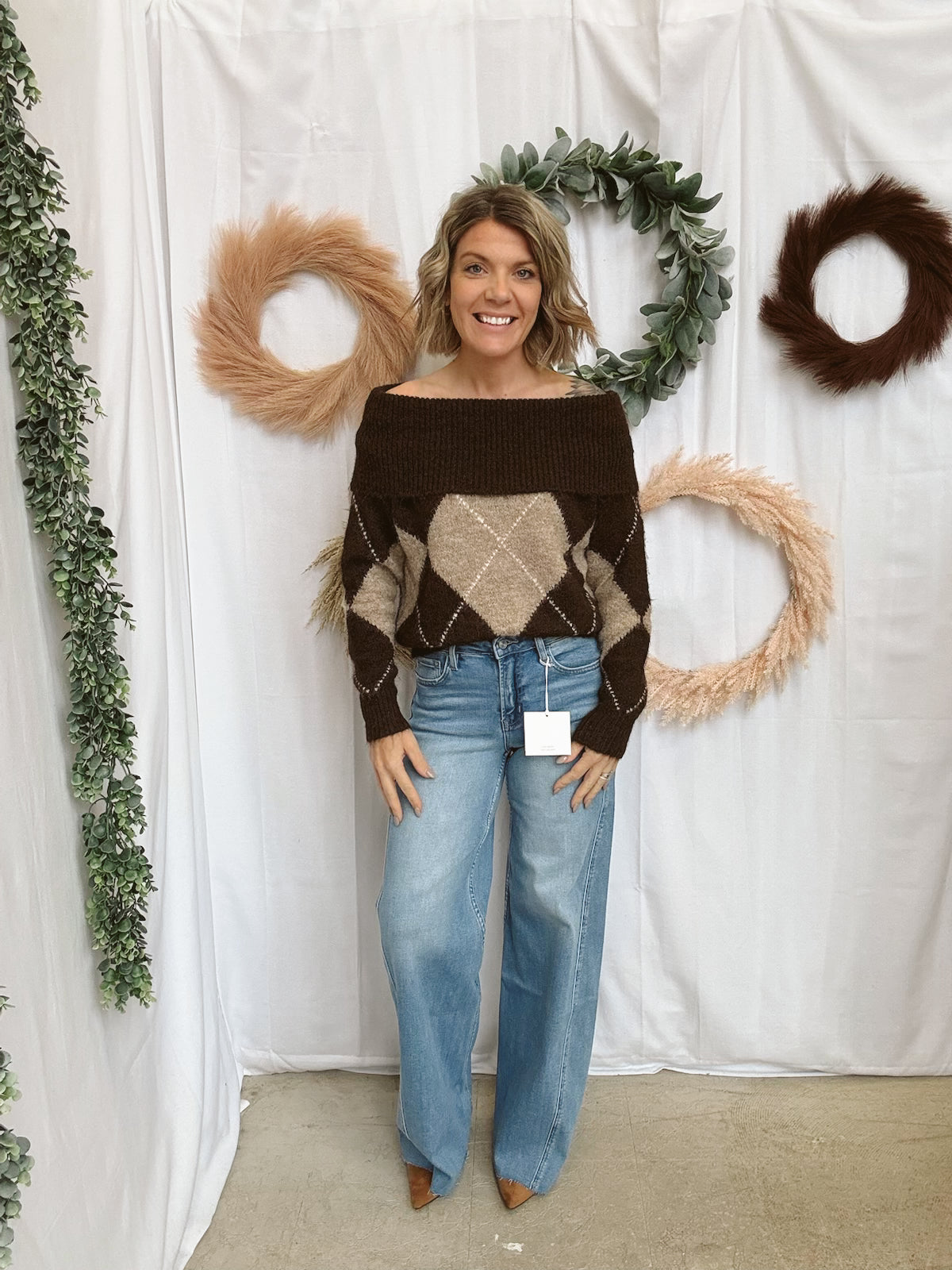 Argyle Off The Shoulder Sweater-Sweaters-miou muse-The Silo Boutique, Women's Fashion Boutique Located in Warren and Grand Forks North Dakota